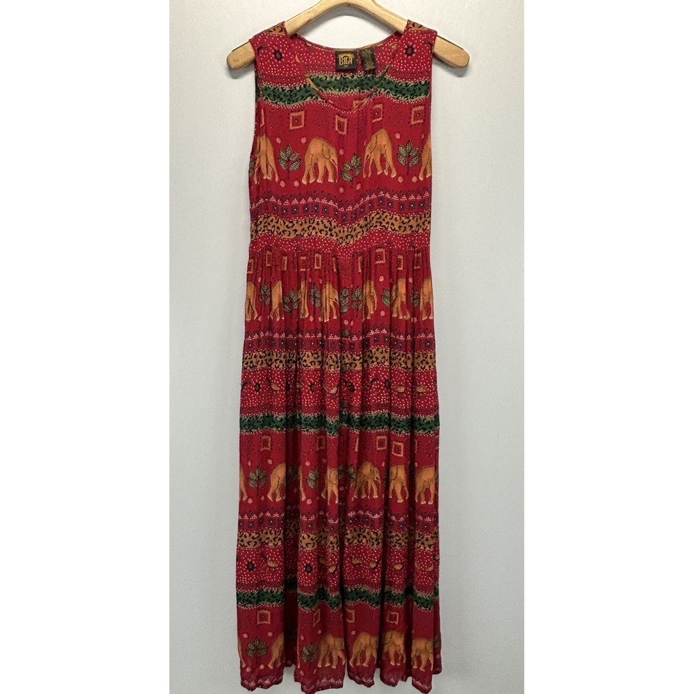 Vtg Bila Midi Dress Women's Small Red Elephants Grunge Hippie 90s Indie